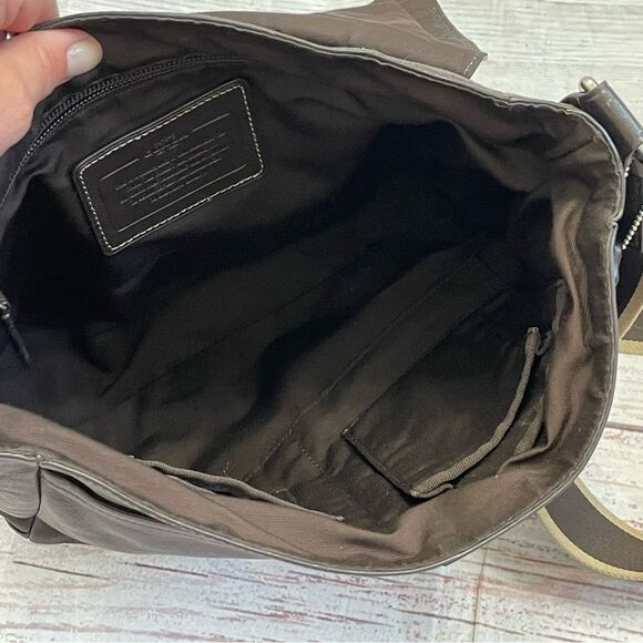Coach Heritage Web Leather Map Messenger Bag Crossbody Brown with Striped Strap - Picture 8 of 14